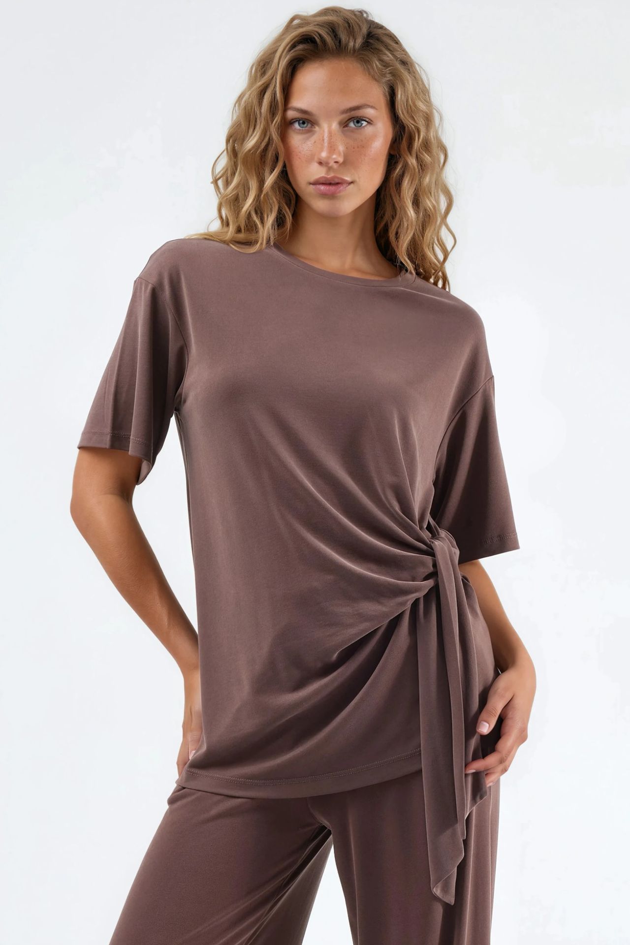 BUSEM Loose Fit Crew Neck Modal Blouse with Tie Detail 1