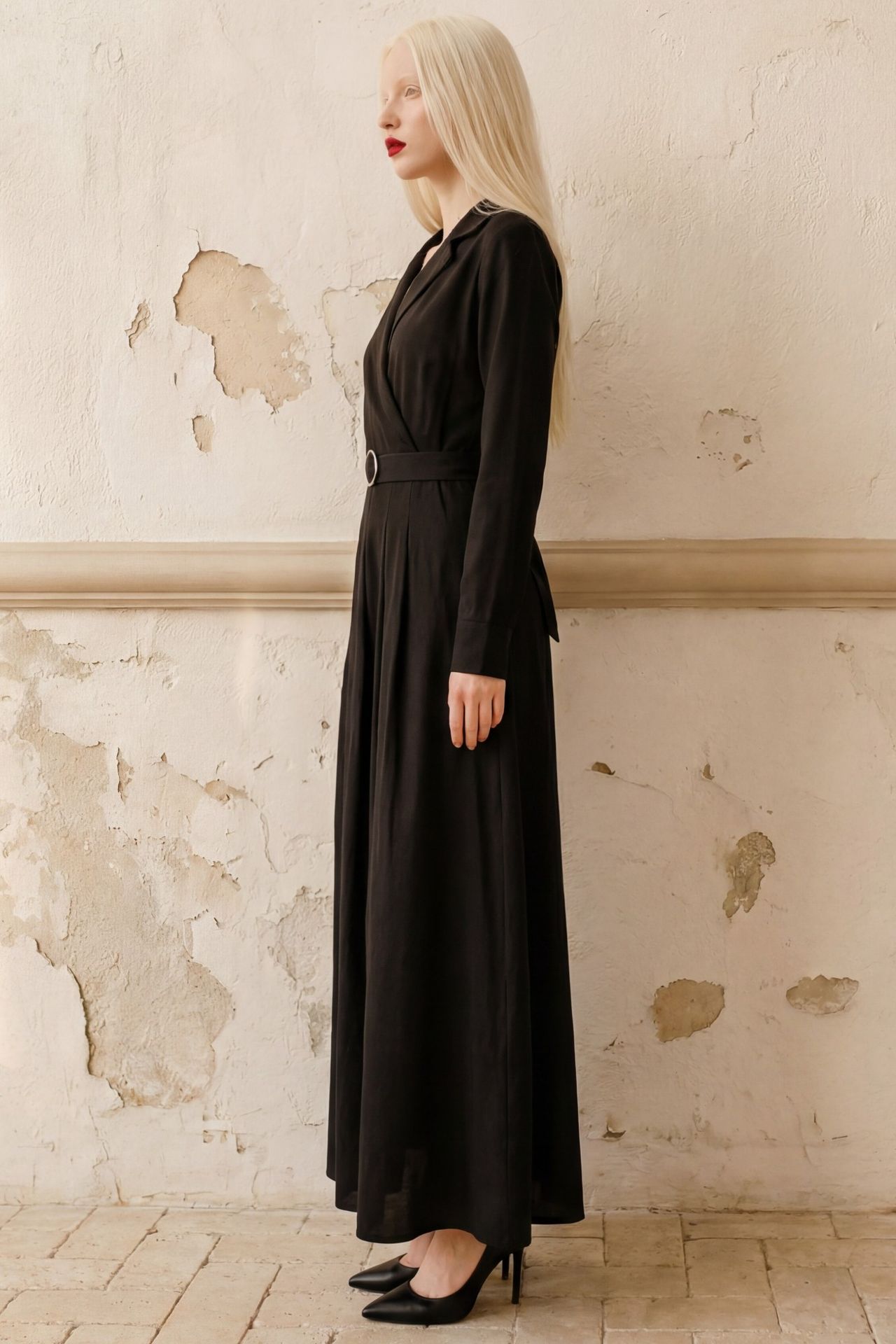 MY FASHION Belted Long Sleeve Maxi Dress