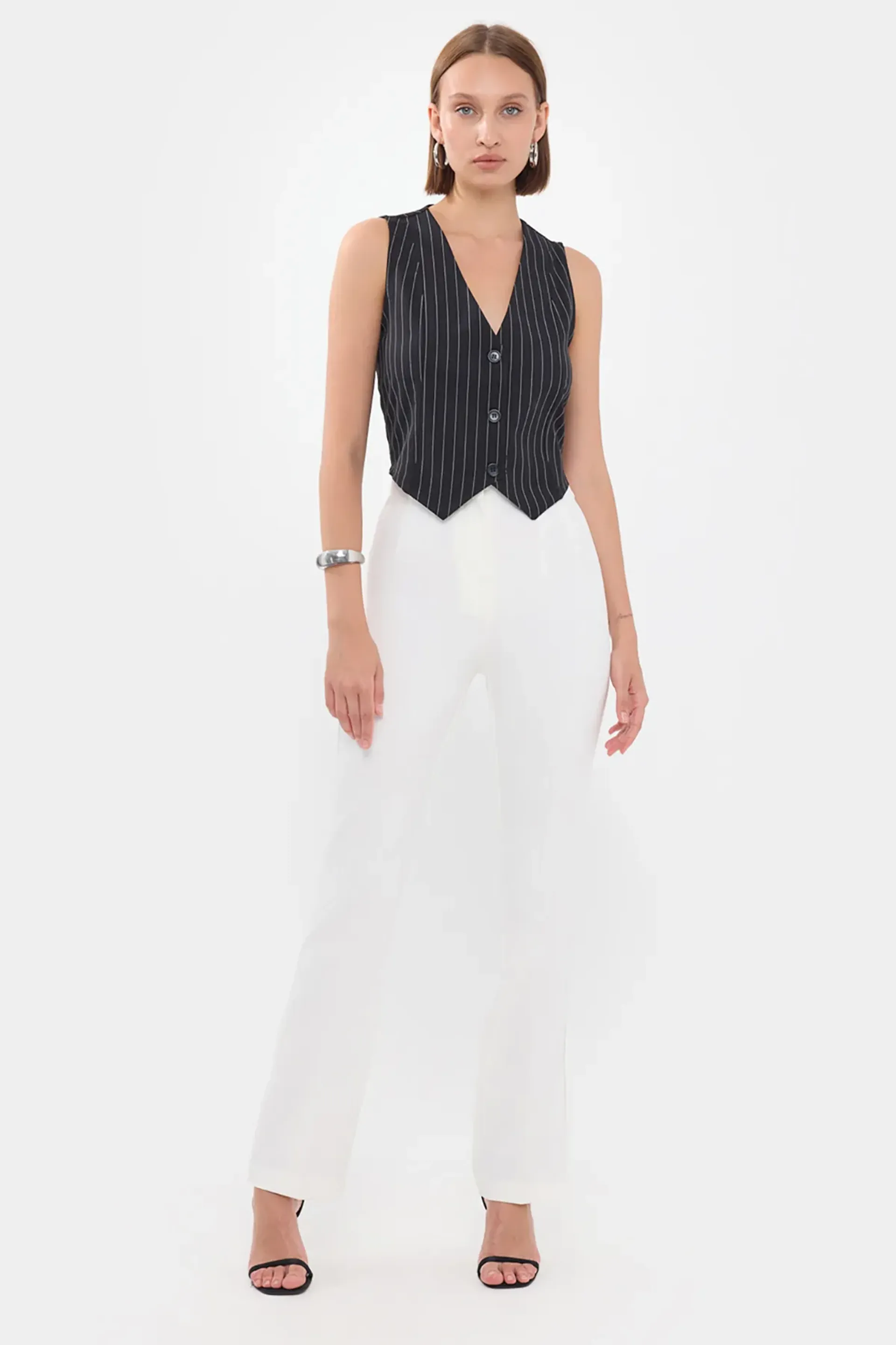 Black Striped Sleeveless V-neck Waistcoat Women