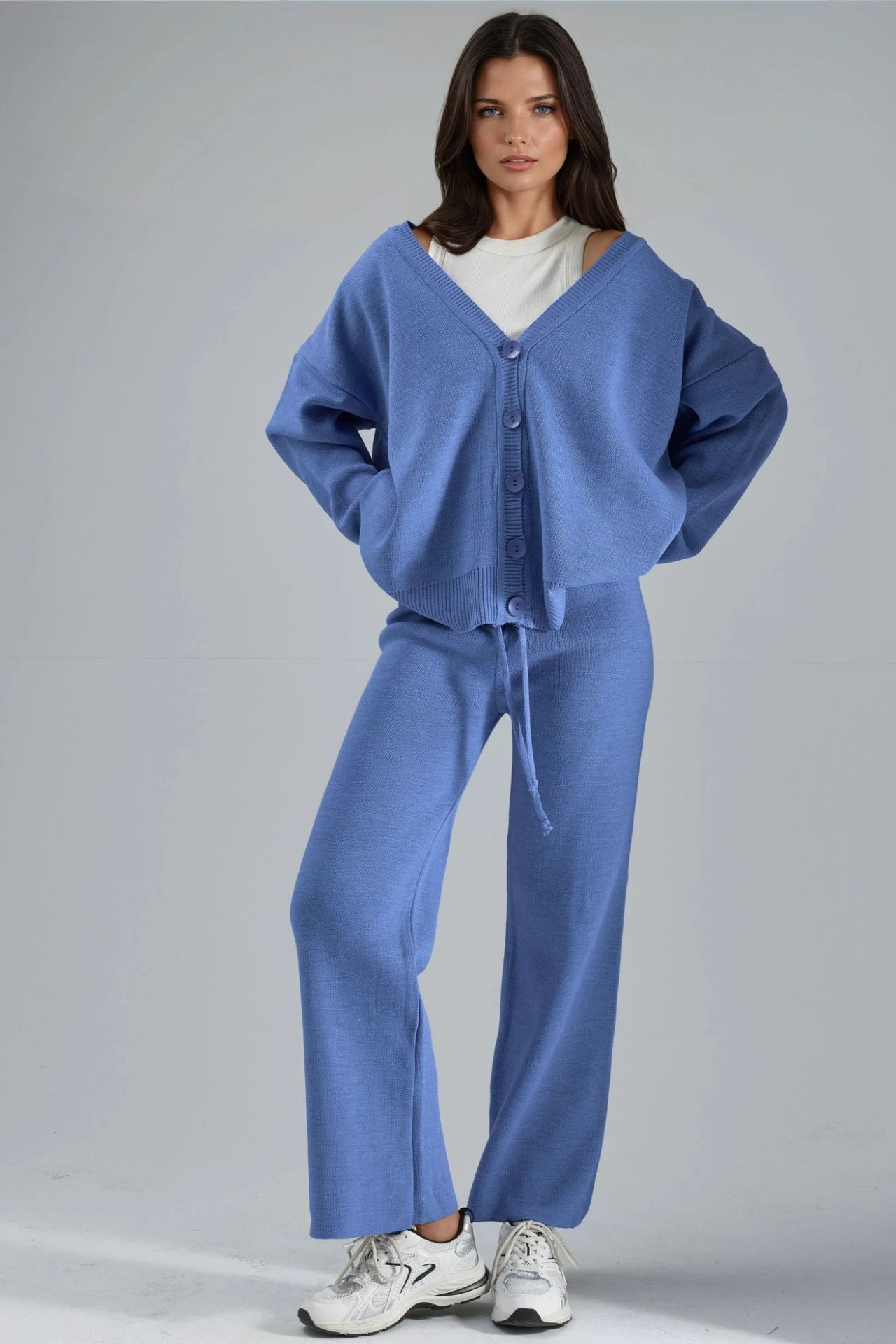 MY FASHION V-Neck Cardigan and Wide Leg Pants Knitwear Set 1