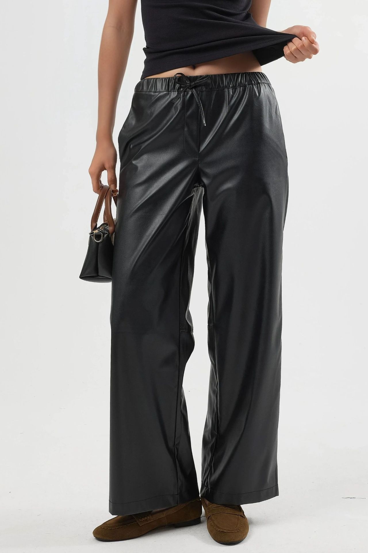 BUSEM High Waist Faux Leather Pants with Drawstring 1