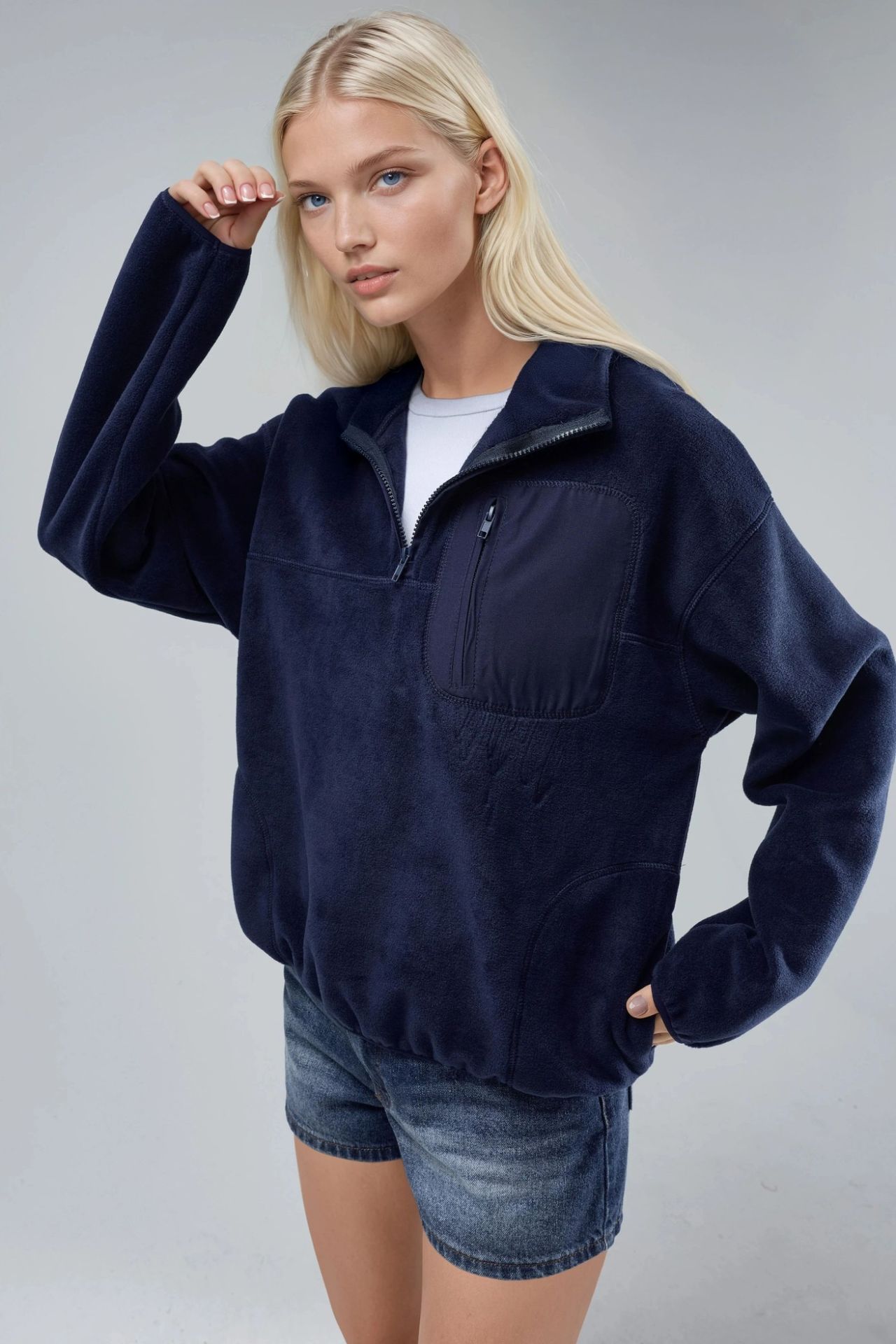BUSEM Zipper Collar Plush Knit Sweatshirt with Pocket 4