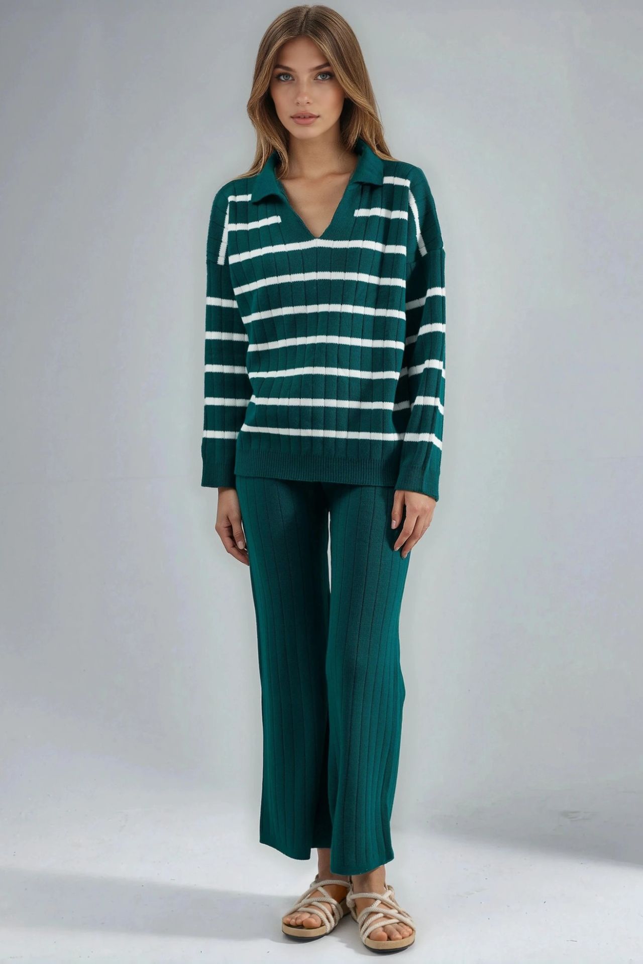 MY FASHION Striped Knit Co-ord Set with Polo Collar 5