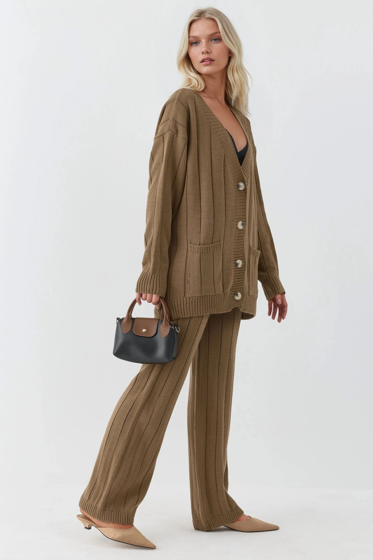 MY FASHION Textured Knit Co-ords with V-Neck Cardigan and Wide Leg Pants 1