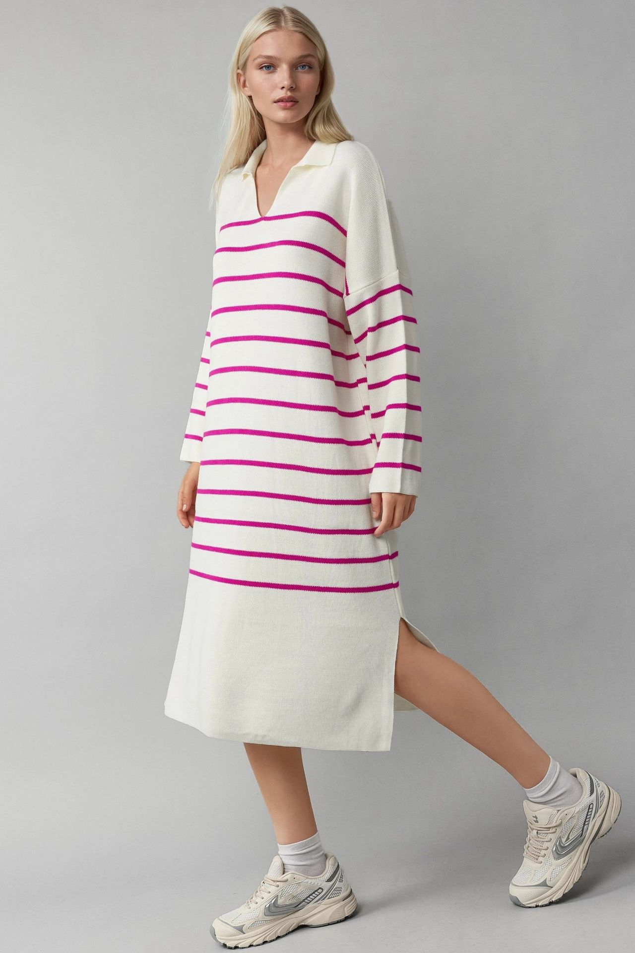 MY FASHION Striped V-Neck Loose Fit Midi Knit Dress with Slit 2
