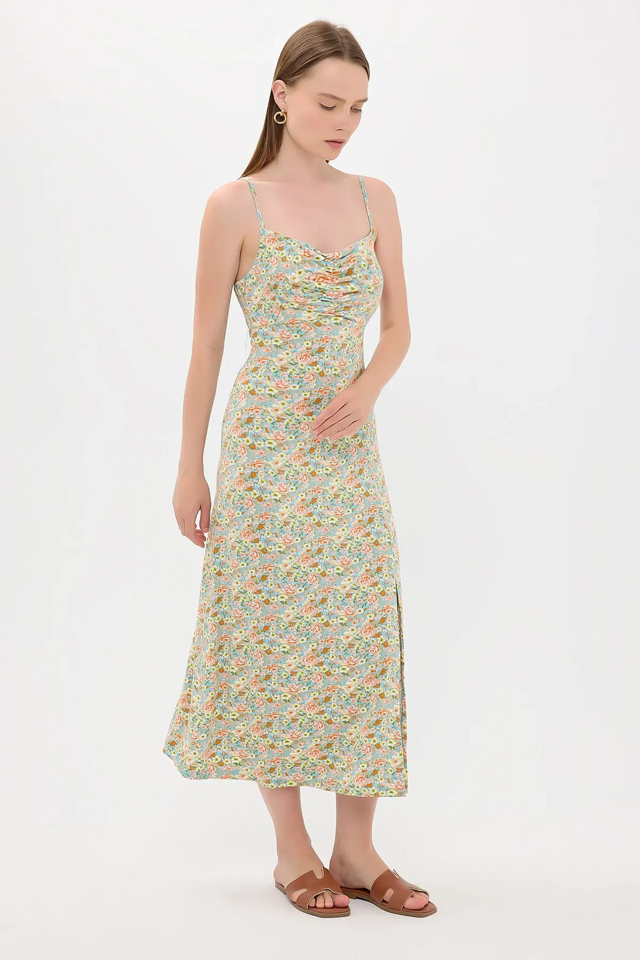 Floral Ruched Spaghetti-Strap Midi Dress