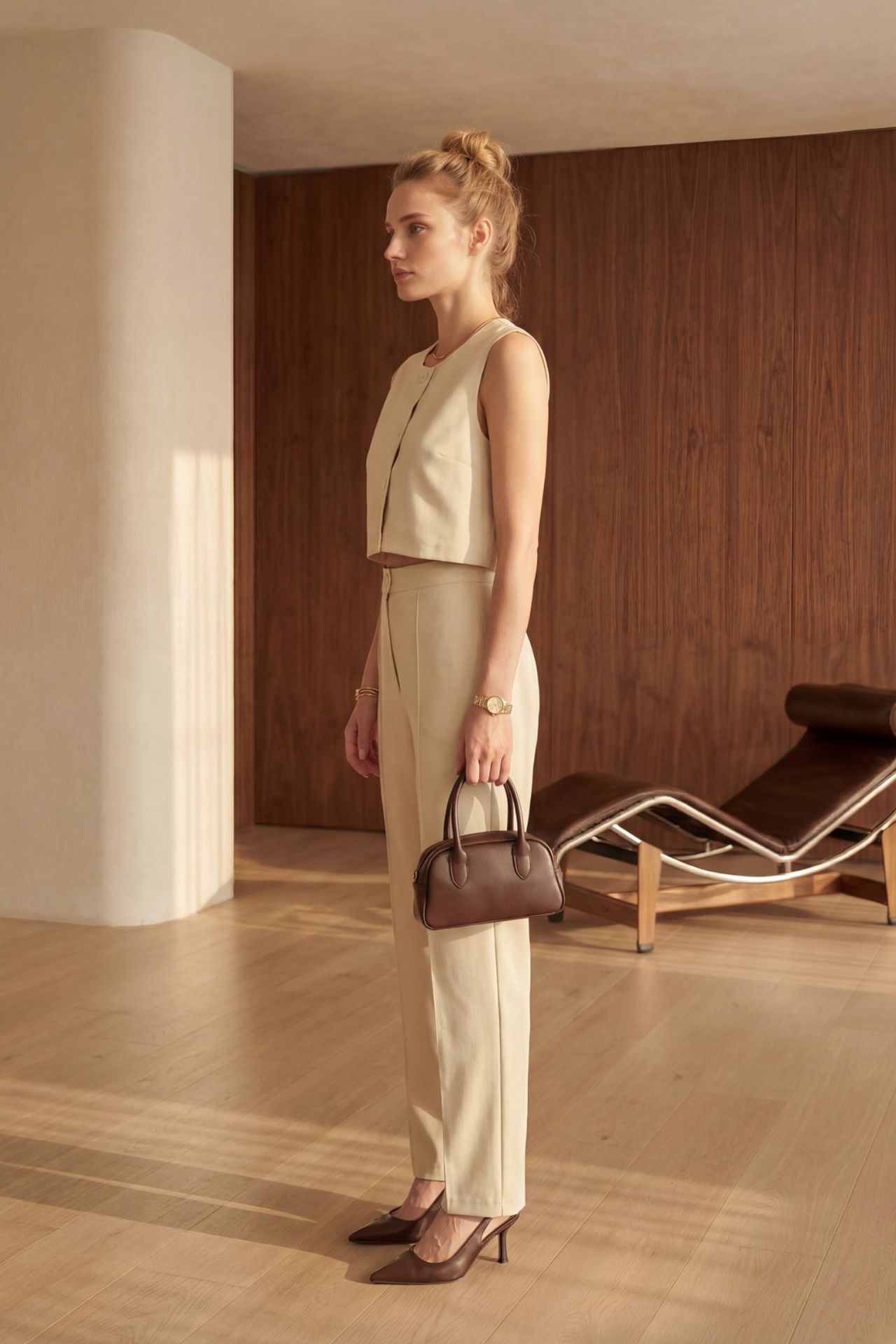 MY FASHION Crew Neck Crop Vest & High Waist Pants Two-Piece Set