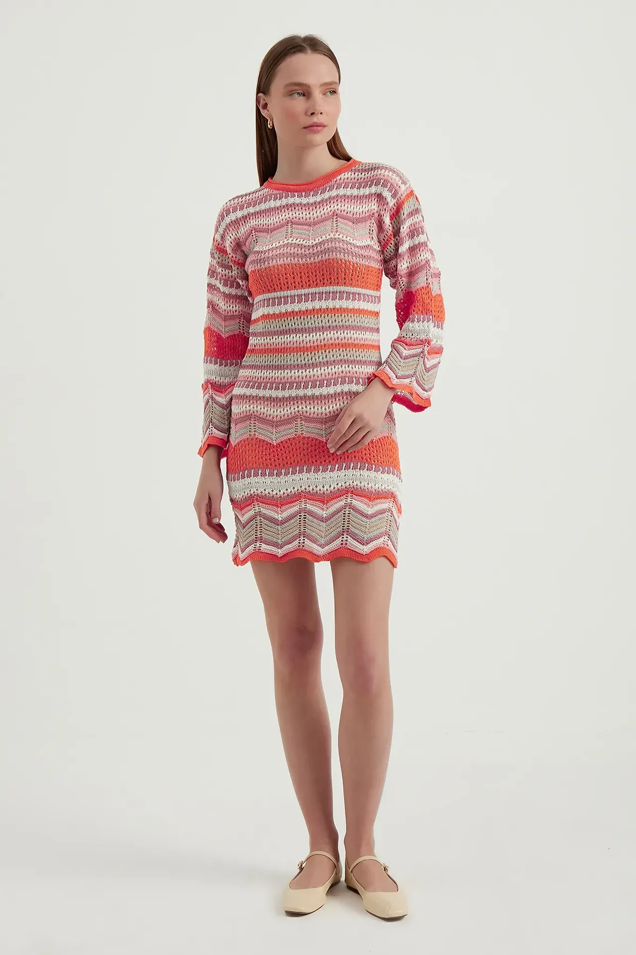 Geometric Crew Neck Crochet Bell Sleeves Mini Dress