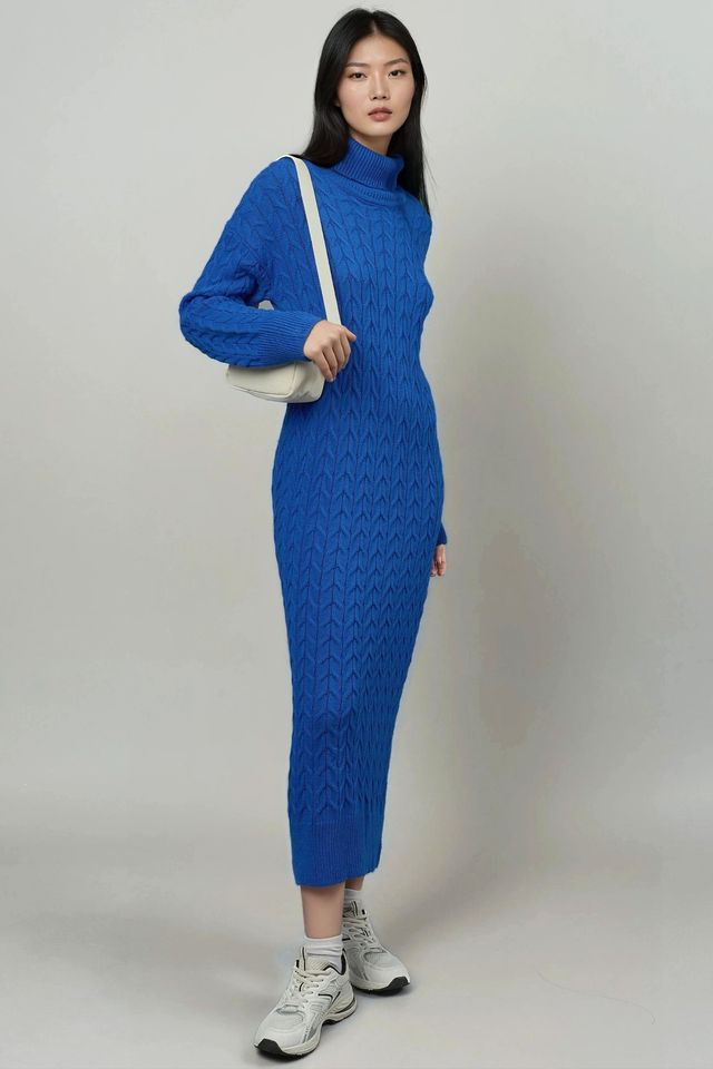 MY FASHION Long Sleeve Turtleneck Hair Braid Knit Dress