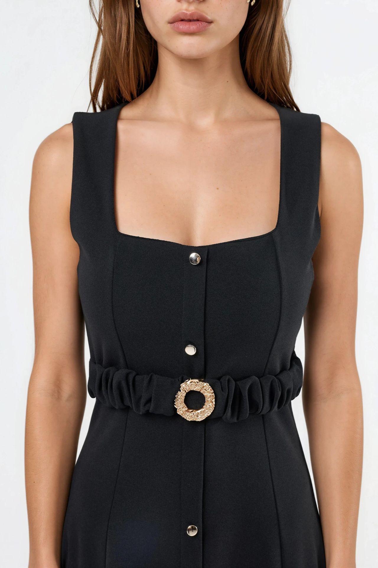 BUSEM Belted Square Collar Midi Dress