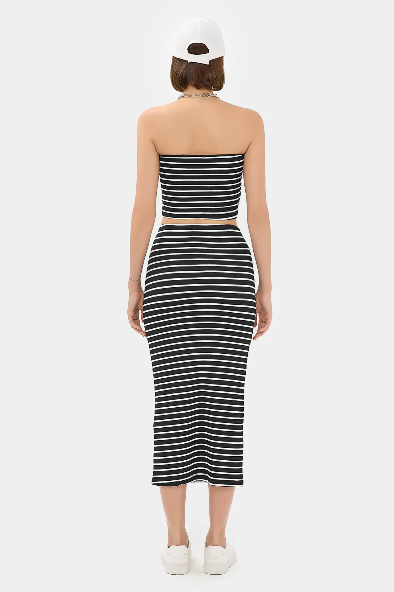 2 Pieces: Striped Strapless Crop top & Striped Mid Rise Midi Skirt