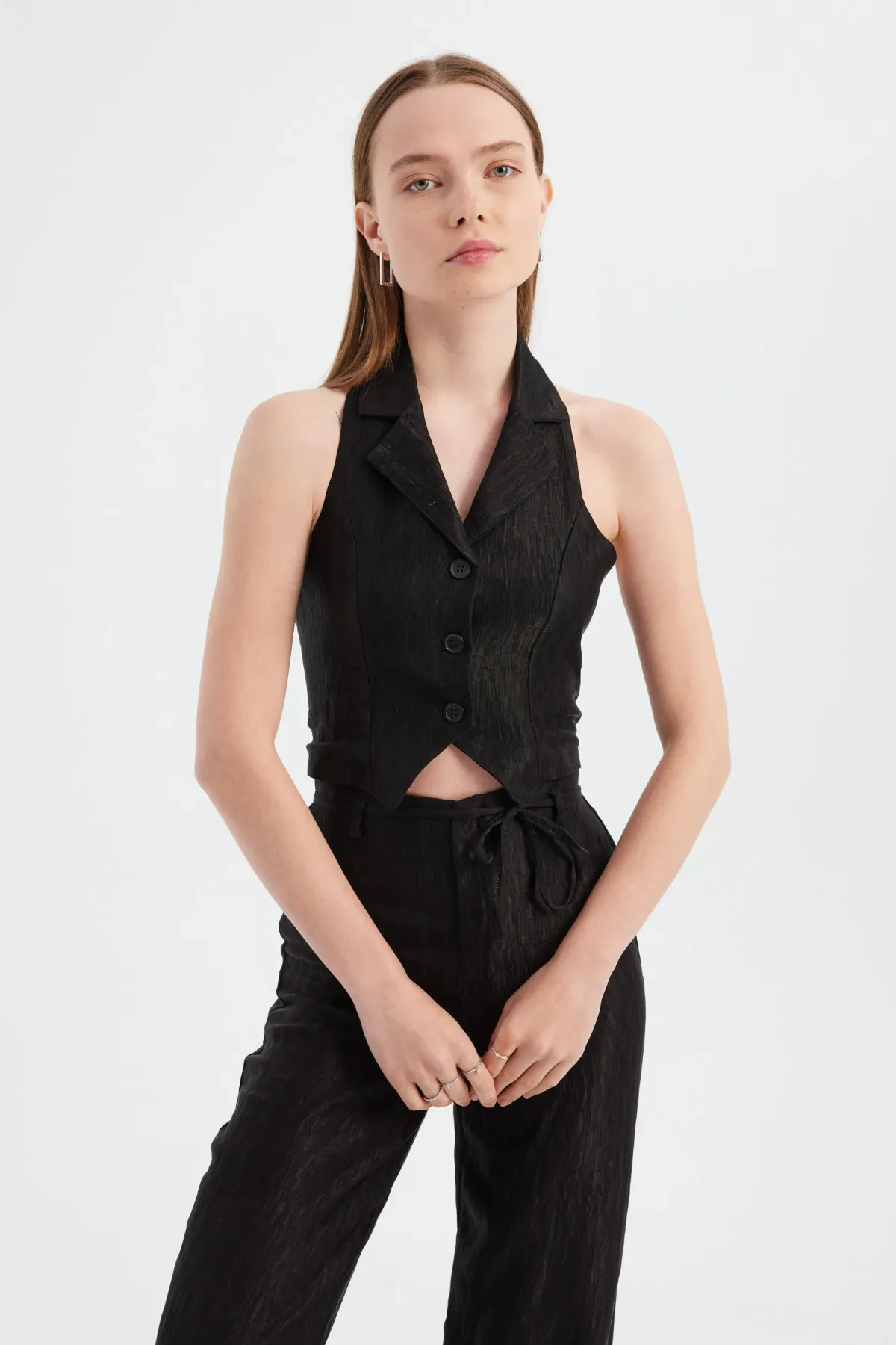 Sleeveless Woven V-Neck Buttoned Waistcoat 3