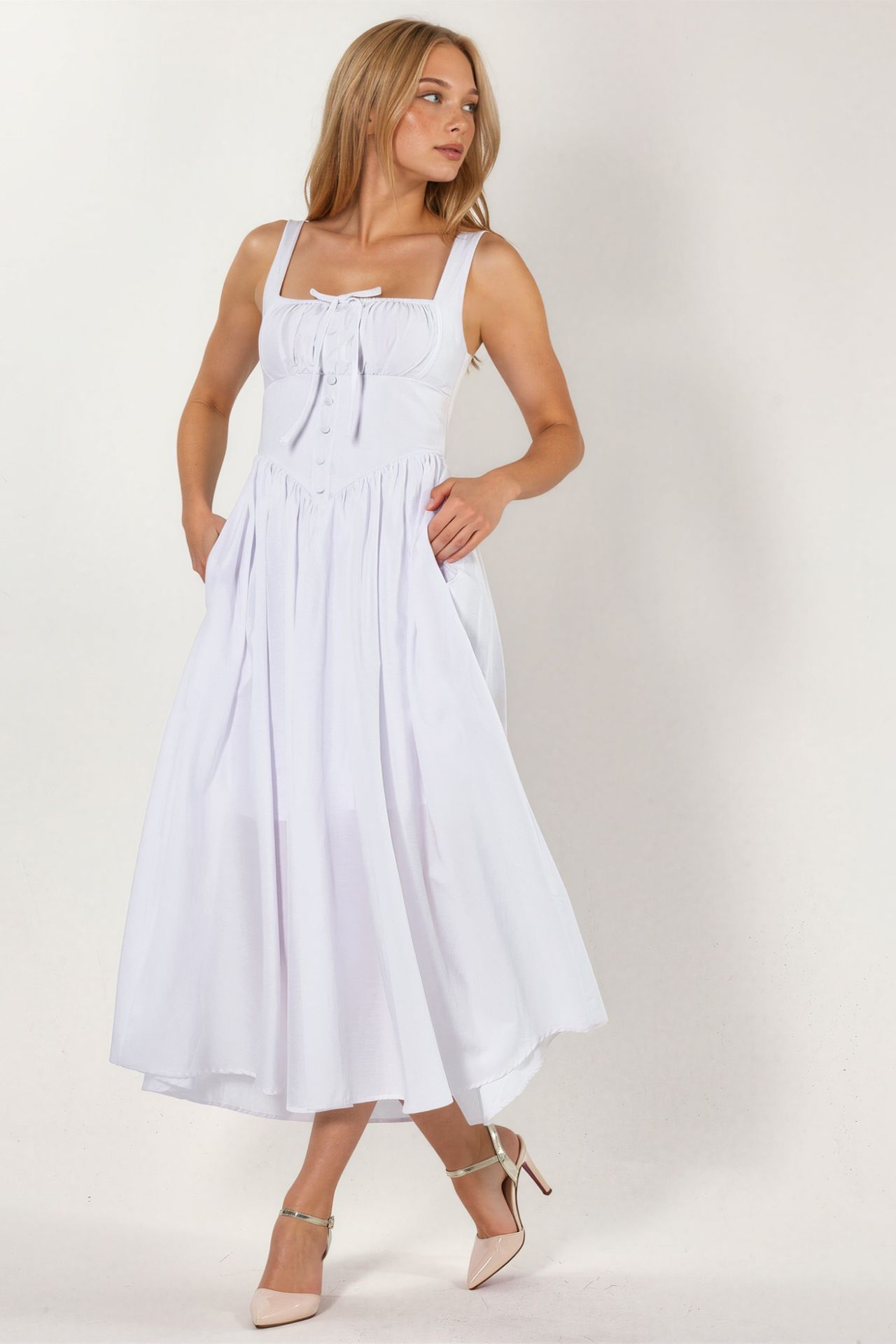 BUSEM Midi Dress with Square Collar and Button Detail 5