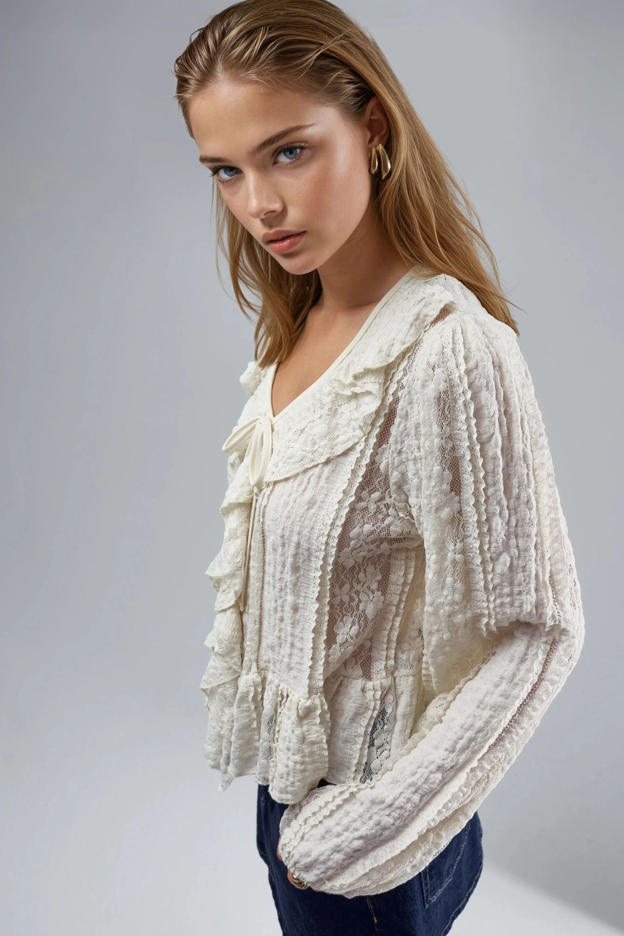 BUSEM Frilly Lace V-Neck Tie Shirt 2