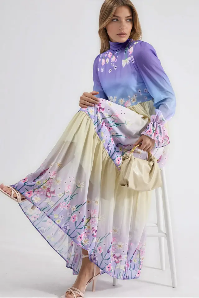 MSN Floral chiffon turtleneck maxi dress