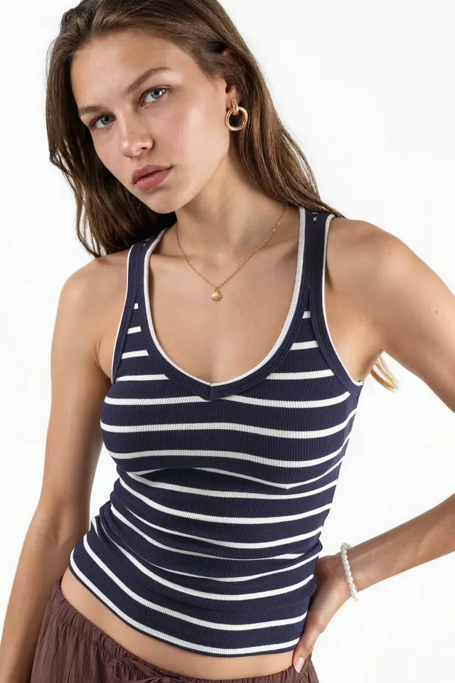 BUSEM Striped V-Neck Cotton Blend Tank Top