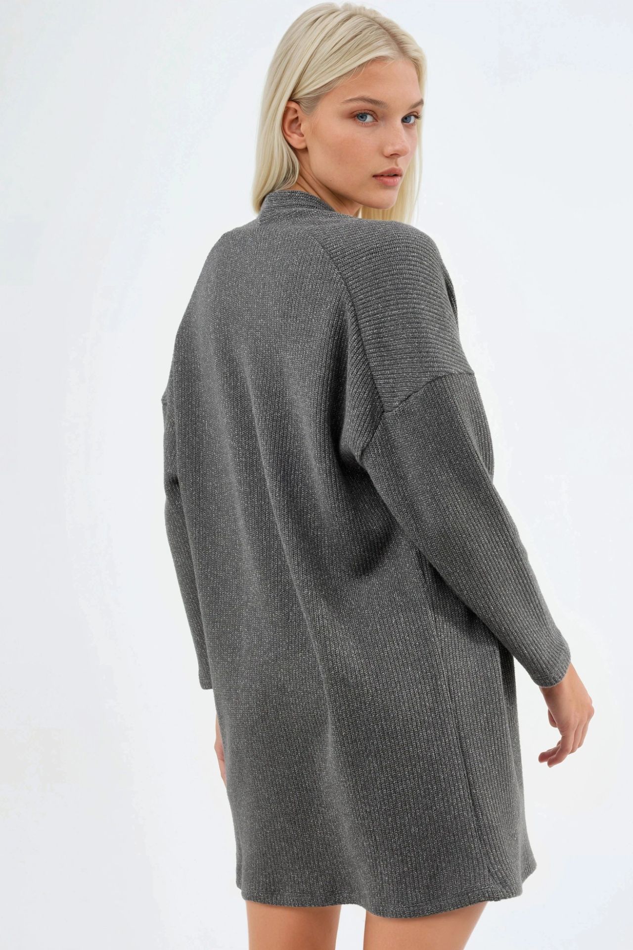 BUSEM Long Ribbed Knit Cardigan with Open Collar 3