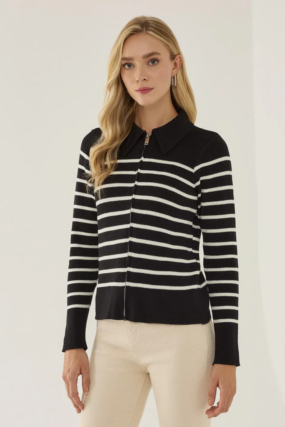 Striped Zipper Cardigan with Shirt Collar