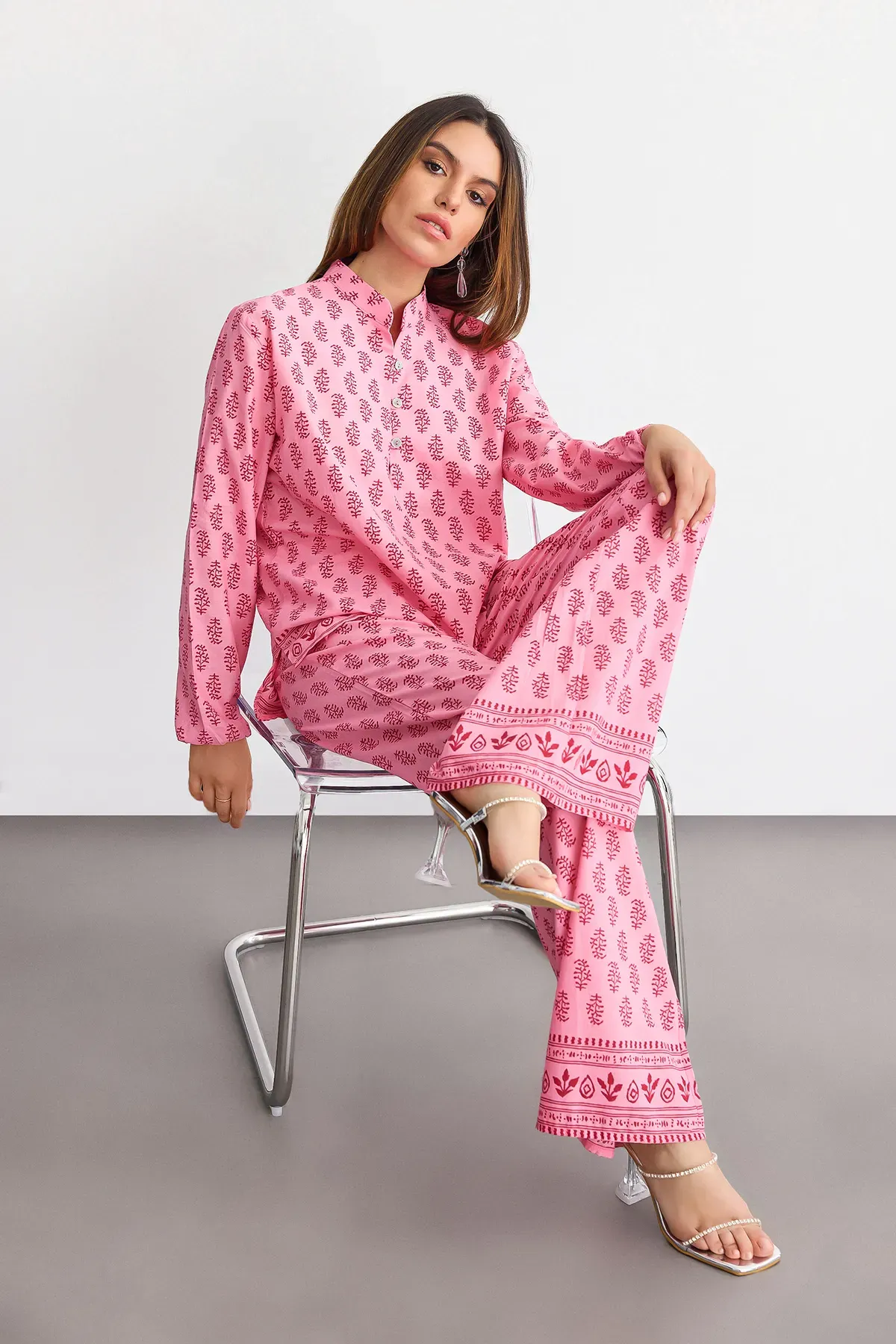 Patterned Cotton Coords with Stand Collar - Long Sleeve 1