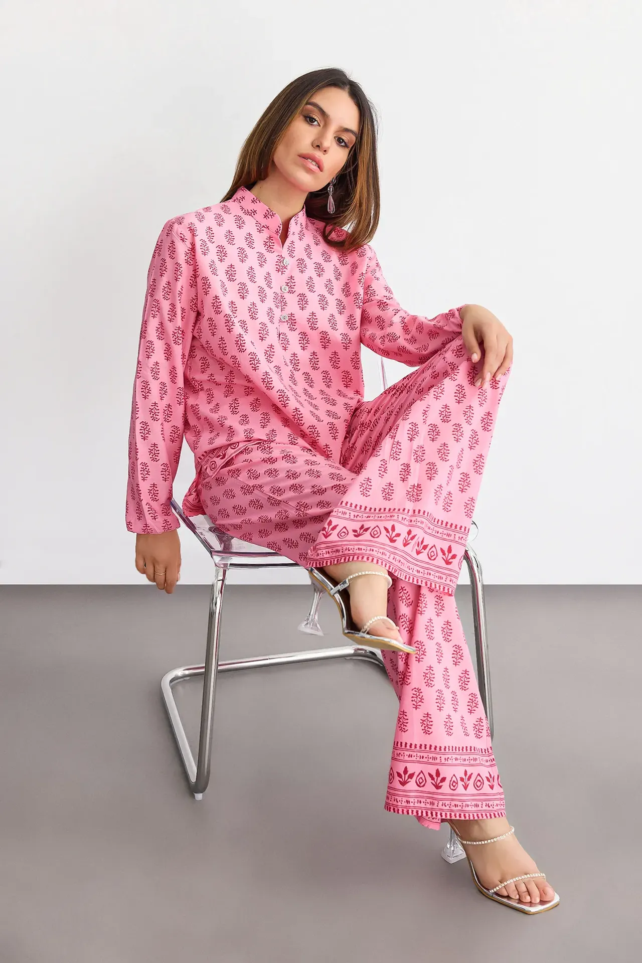 Patterned Cotton Coords with Stand Collar - Long Sleeve