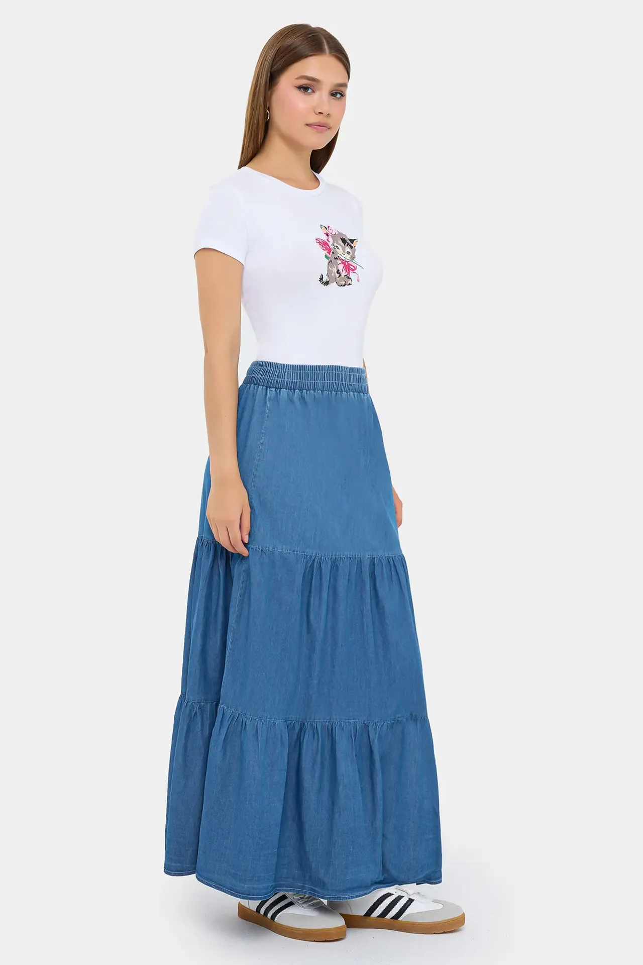 Denim-Look Maxi Skirt with Tiered Elastic Waist