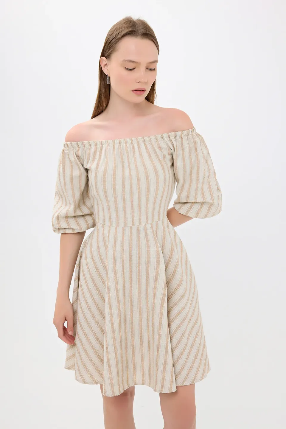Striped Off Shoulder Balloon Sleeves Mini Dress