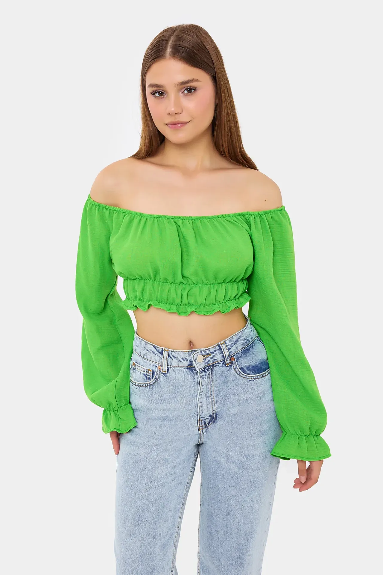 Off-Shoulder Linen Cropped Top with Long Sleeves and Ruffle Detail