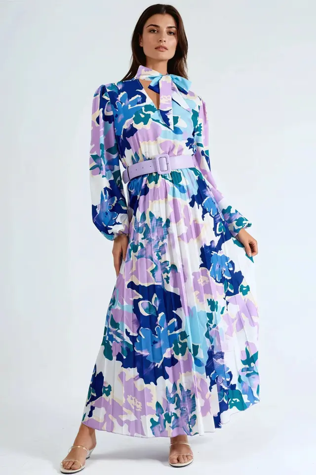 MSN Abstract Print Midi Dress with Choker Collar