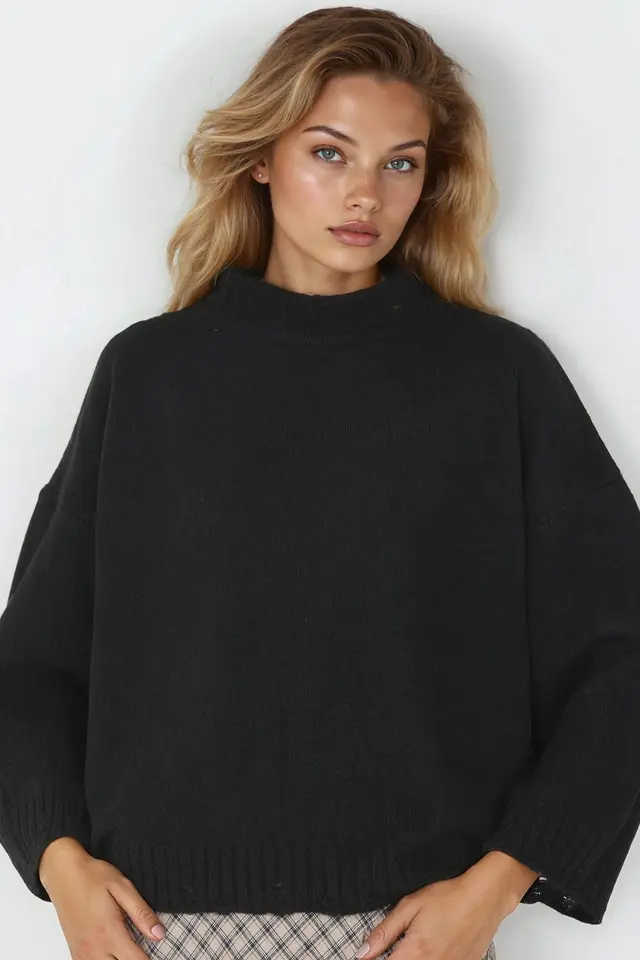 MY FASHION Oversized Textured Knit Sweater with Crew Neck