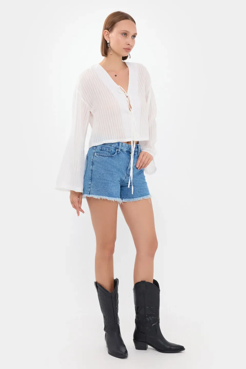 Striped Mesh V-Neck Blouse with Tie-Front