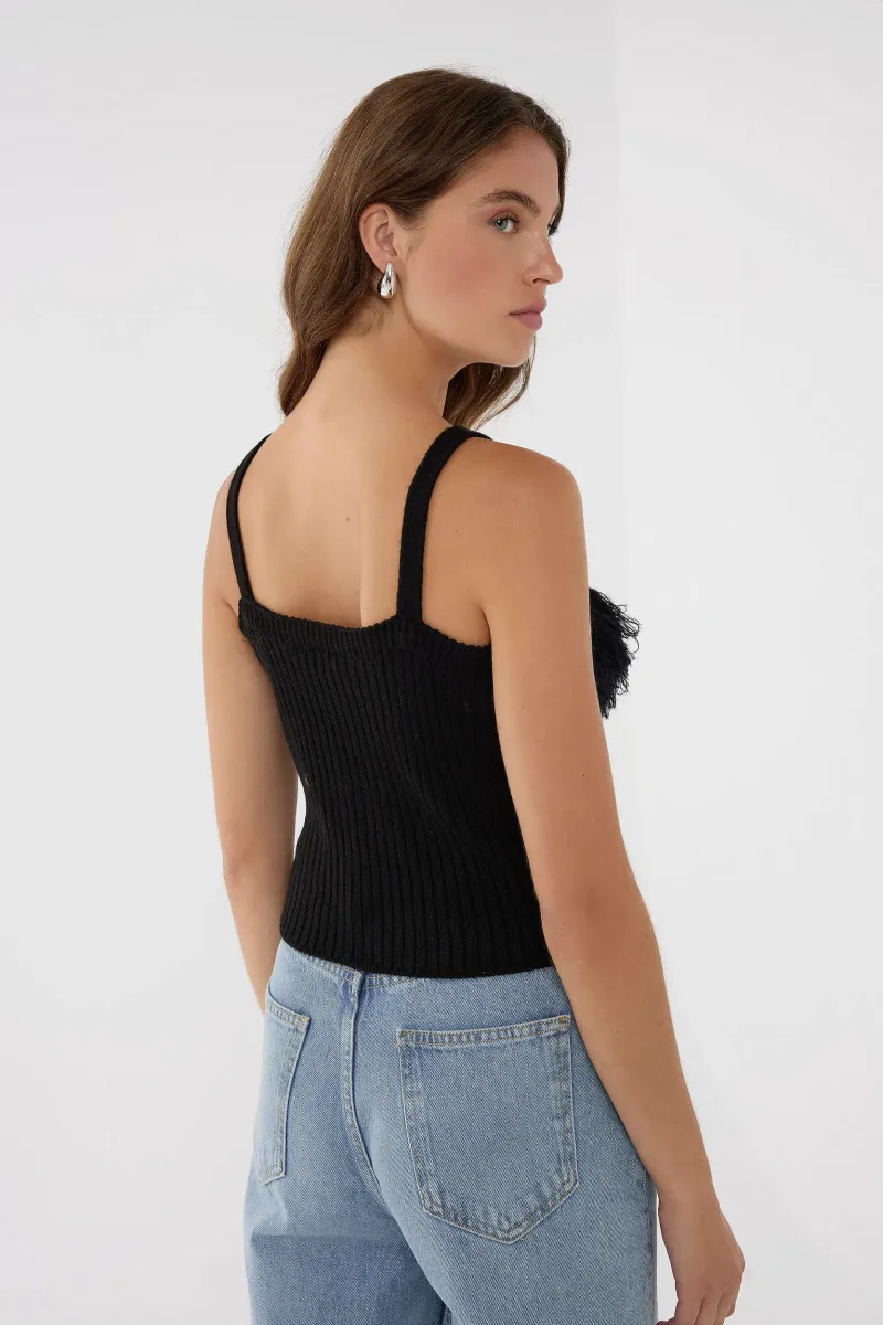 Slim Fit Square Neck Ribbed Knit Top with Fringe Detail 4