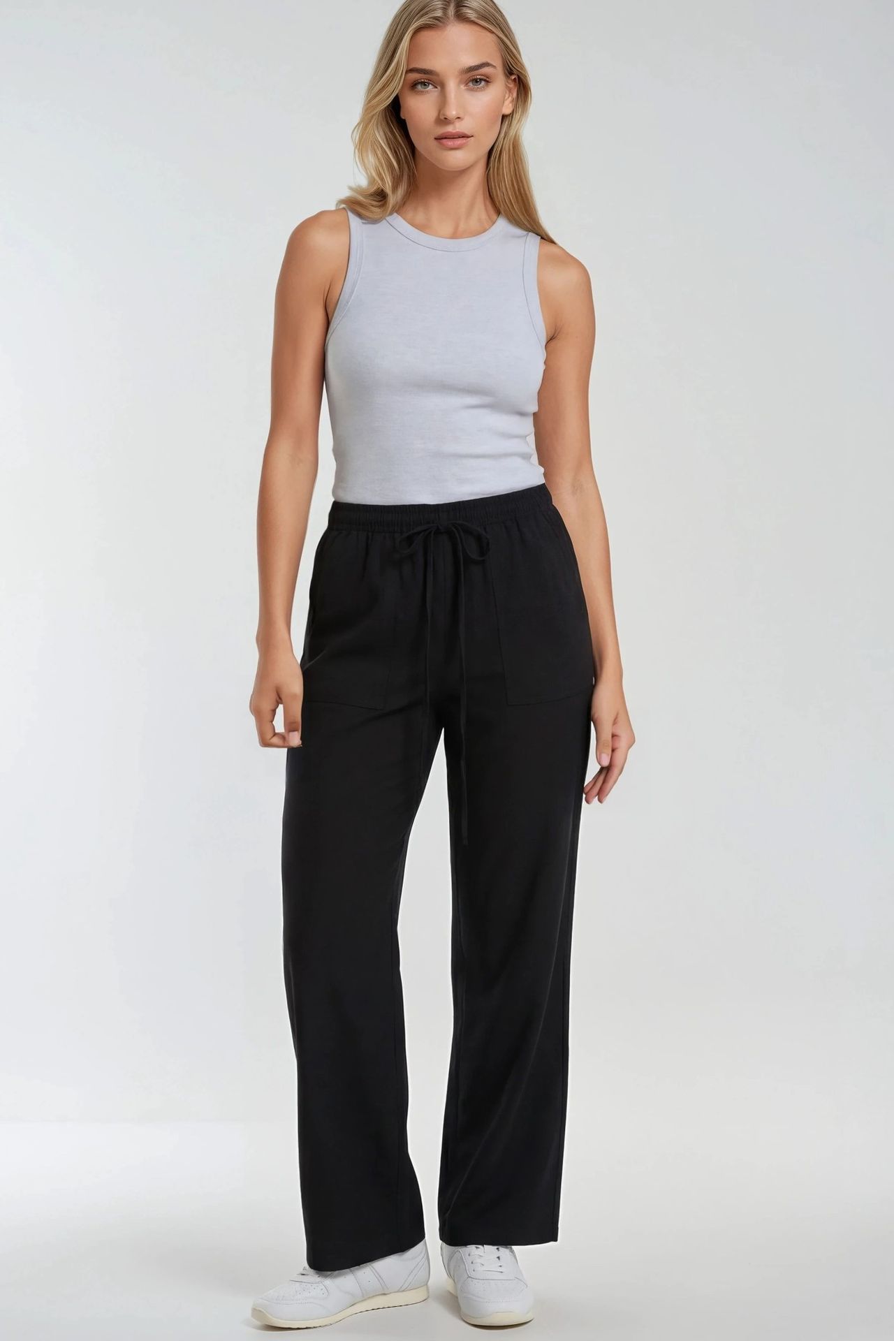 MIXRAY Mid Waist Straight Leg Cotton Pants with Tie Closure 2