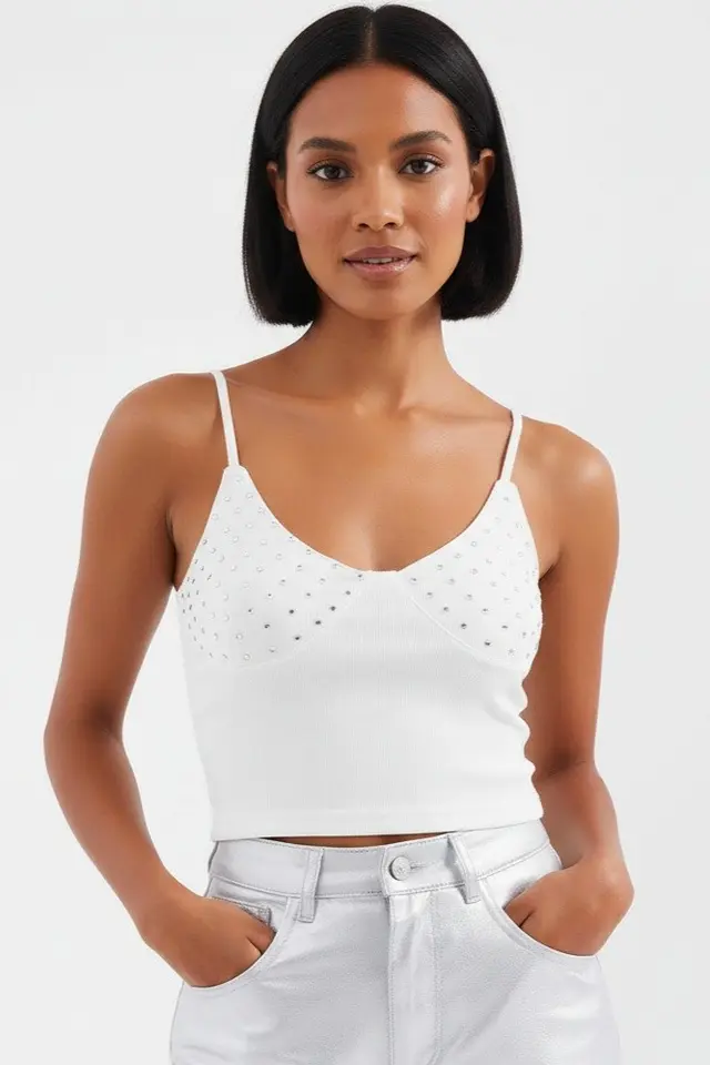 Stone Embellished Fitted Crop Top with V-Neck
