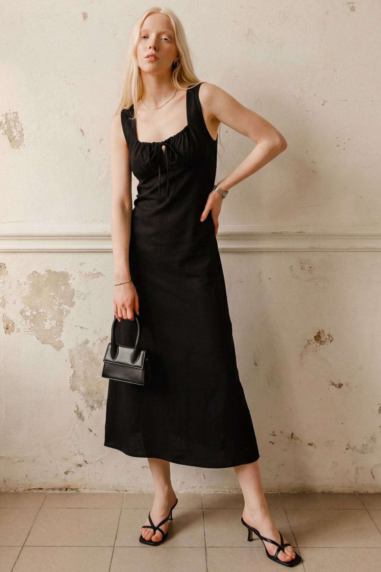 MY FASHION Midi Linen Dress with Tie Detail 1