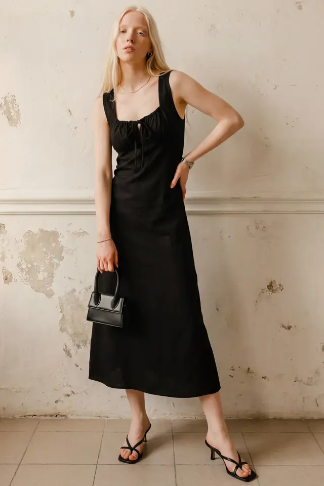 MY FASHION Midi Linen Dress with Tie Detail