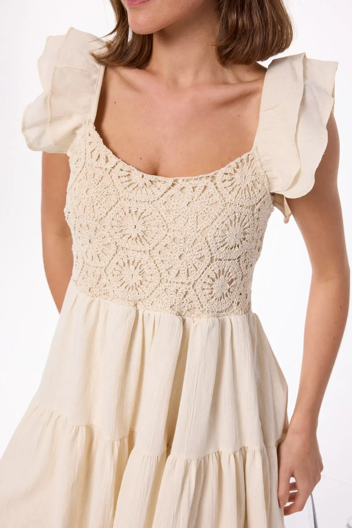 Crochet Tiered Mini Dress with Flutter Sleeves 4