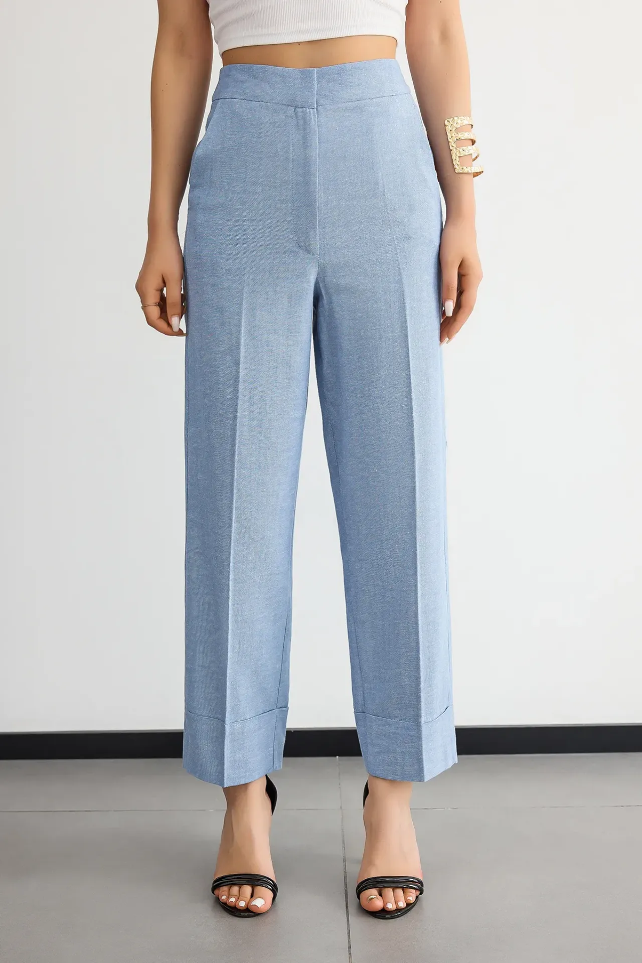 High Waist Linen Straight-Leg Trousers