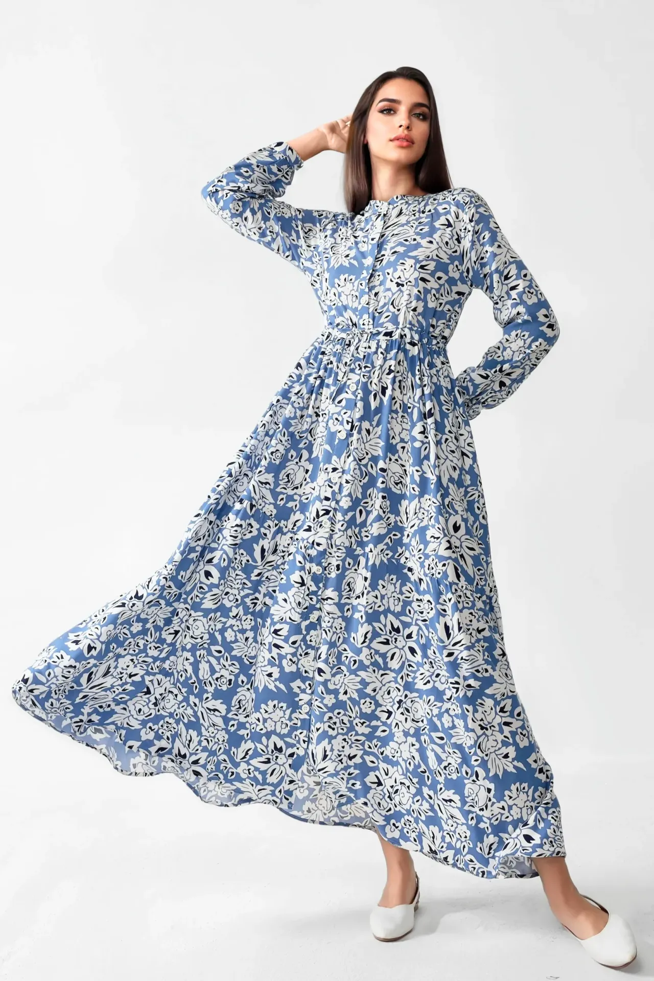 Printed Maxi Dress with Shirt Collar