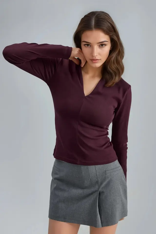 BUSEM Slim Fit V-Neck Long Sleeve Blouse
