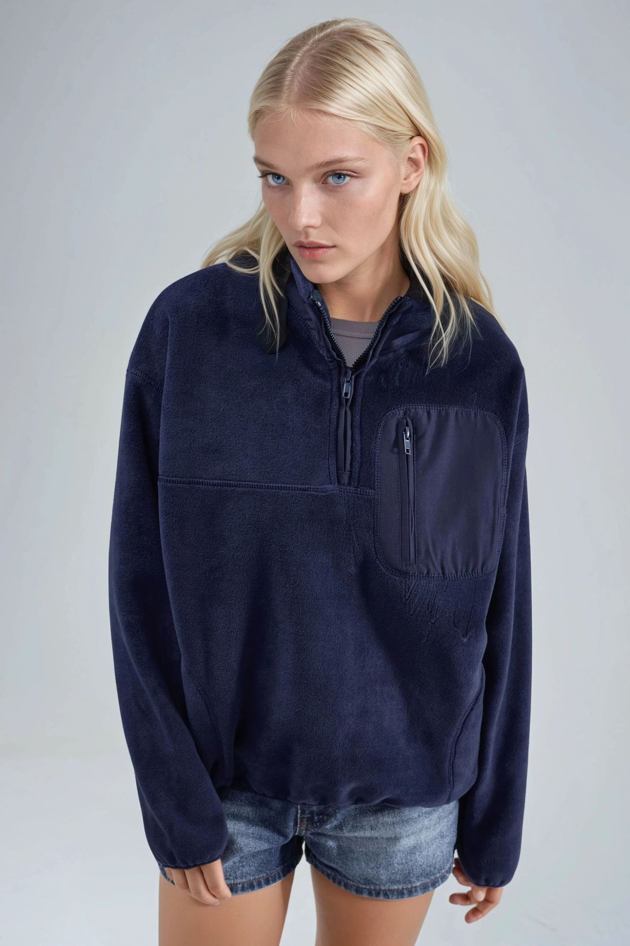 BUSEM Zipper Collar Plush Knit Sweatshirt with Pocket 3