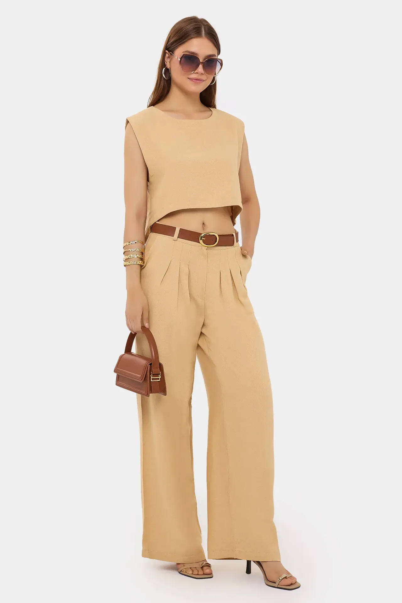 Round Neck Sleeveless Co-ord Set with Belt Detail