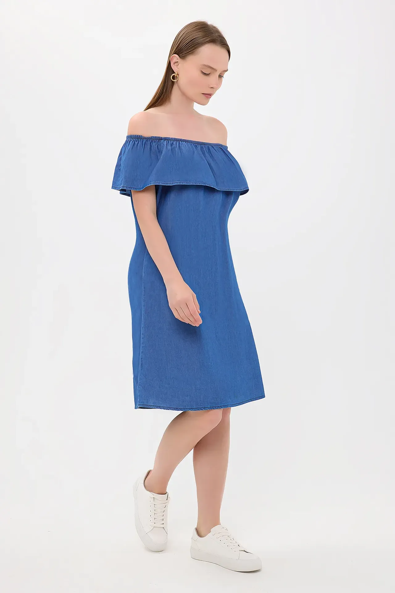 Denim Off Shoulder Ruffled Low Sleeve Midi Dress