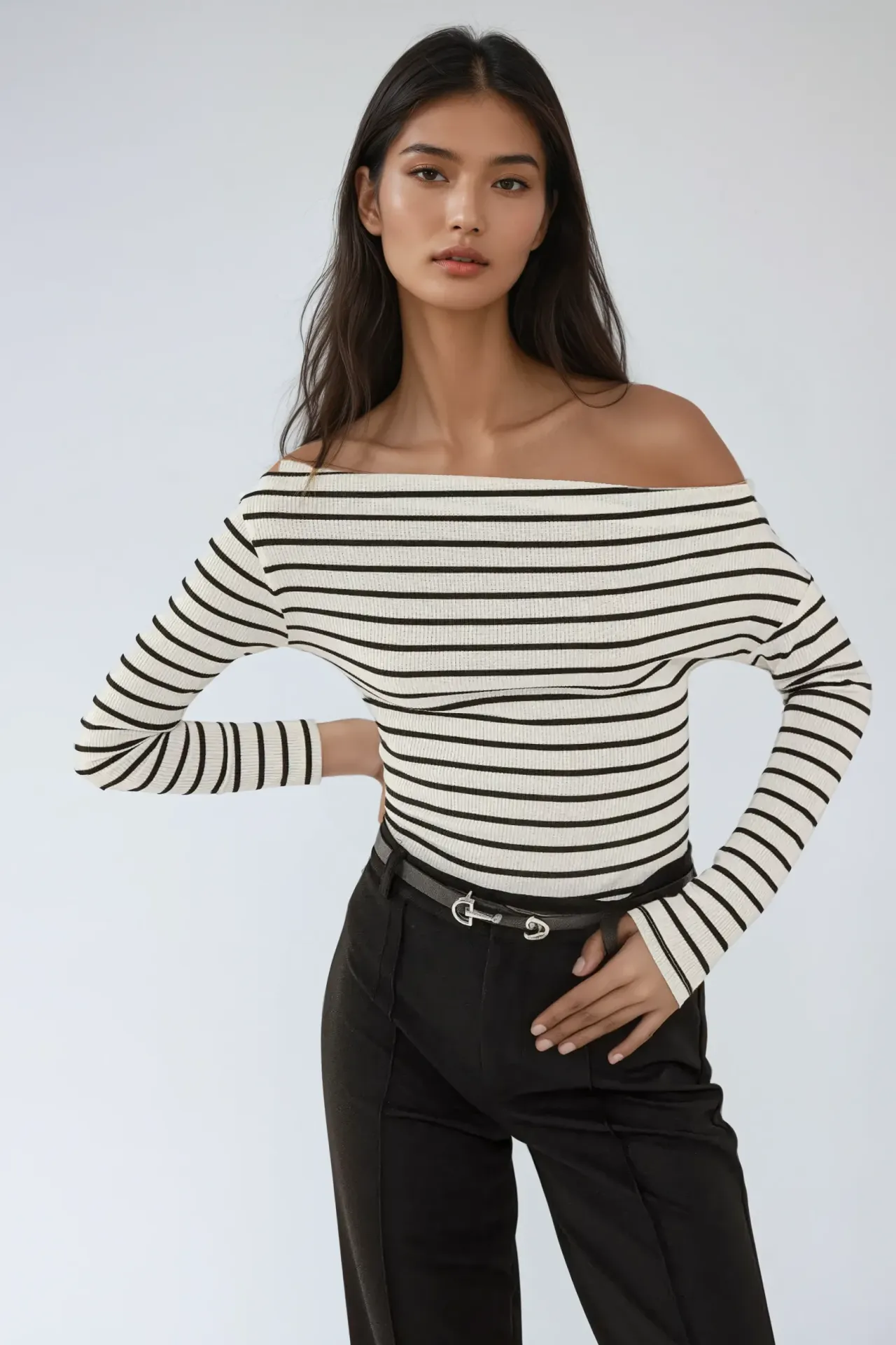 Striped Carmen Collar Long Sleeve Top