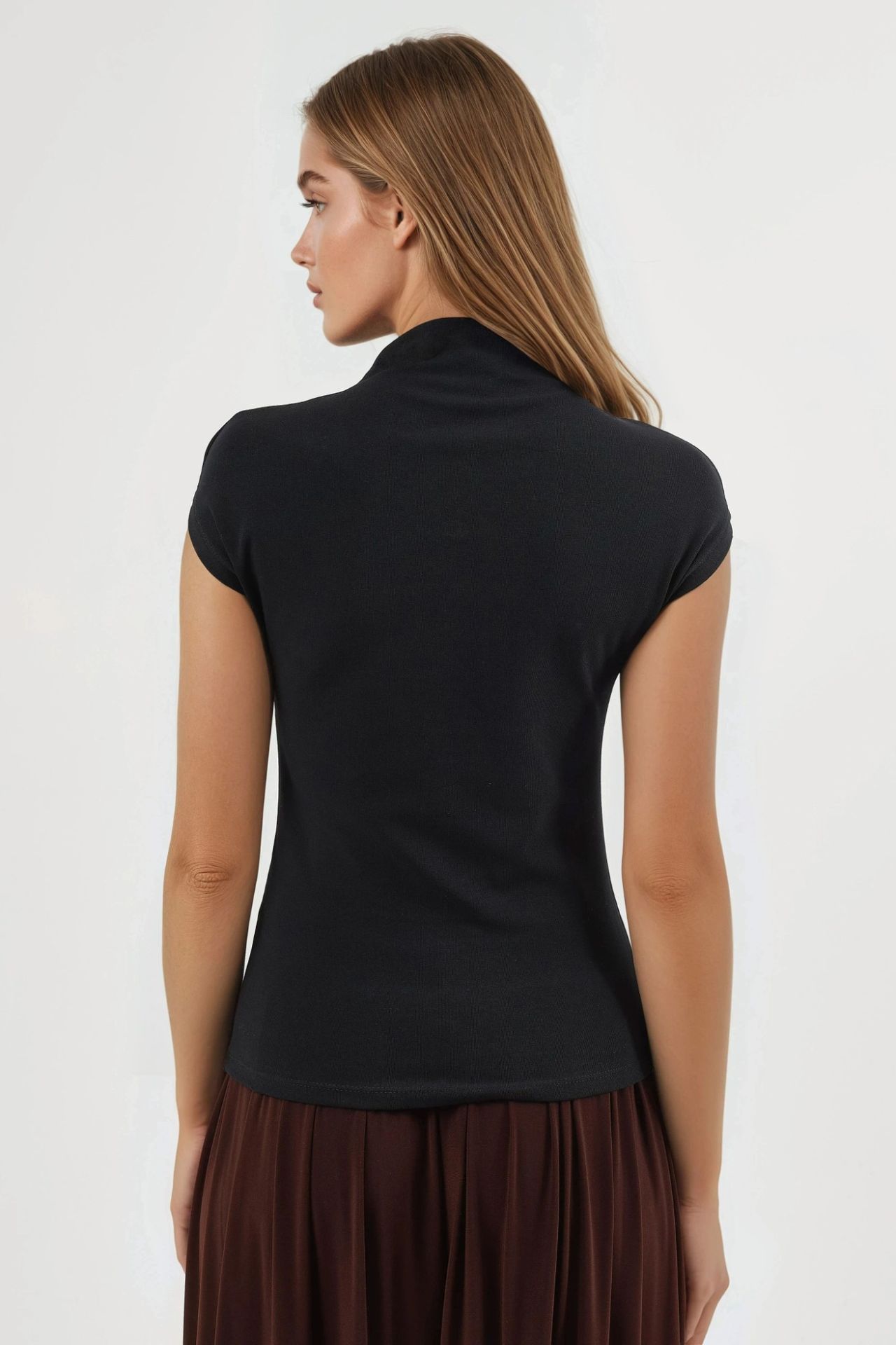 Fitted Mock Neck Cap Sleeve Knitted Blouse