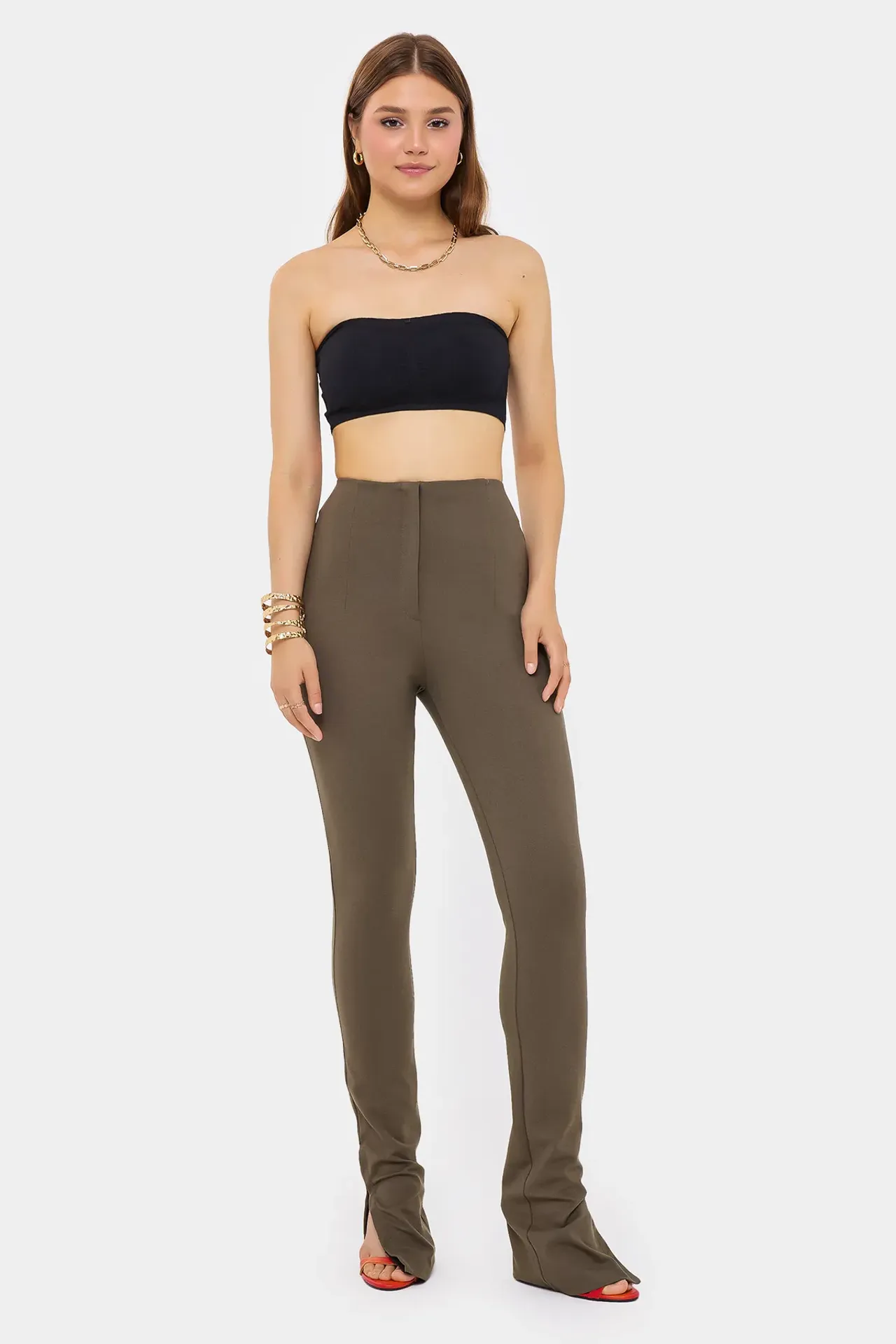 High-Waist Slim Fit Trousers with Zip-up Closure