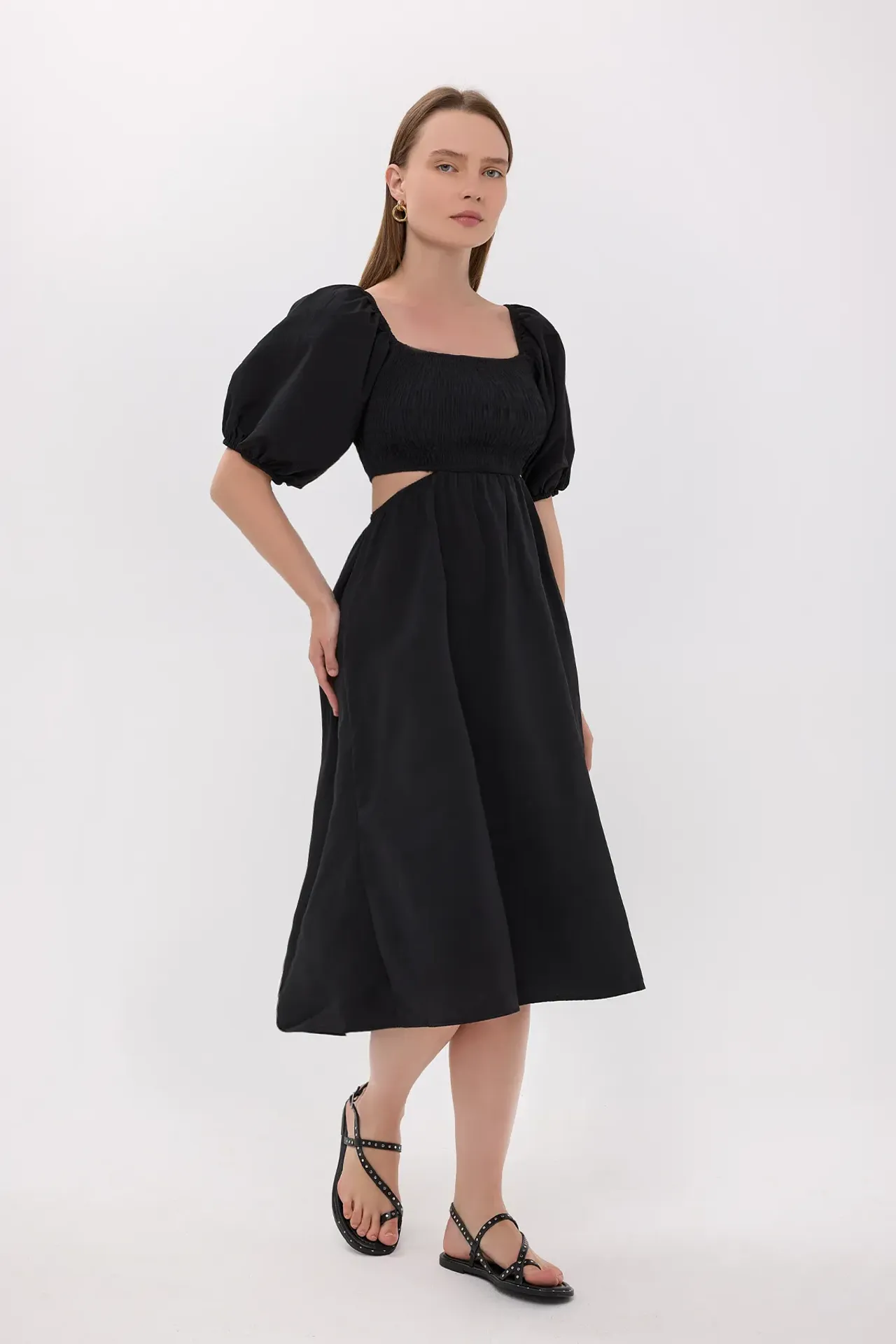 Cotton Square-Neck Midi Dress with Waist Detail