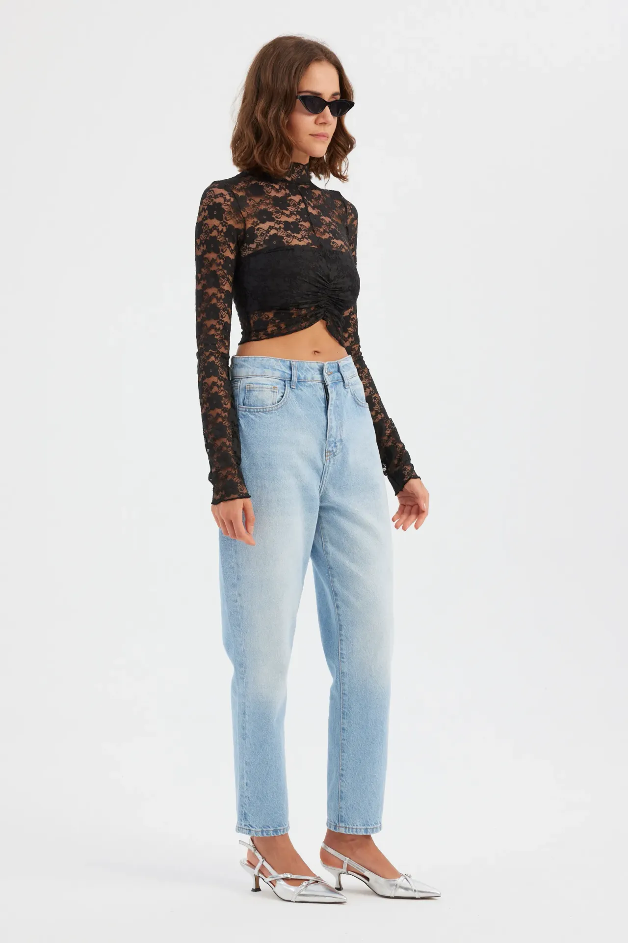 Floral Lace High Neck Long Sleeve Cropped Top