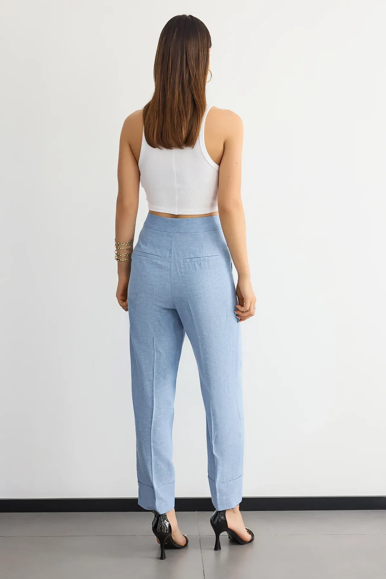 High Waist Linen Straight-Leg Trousers