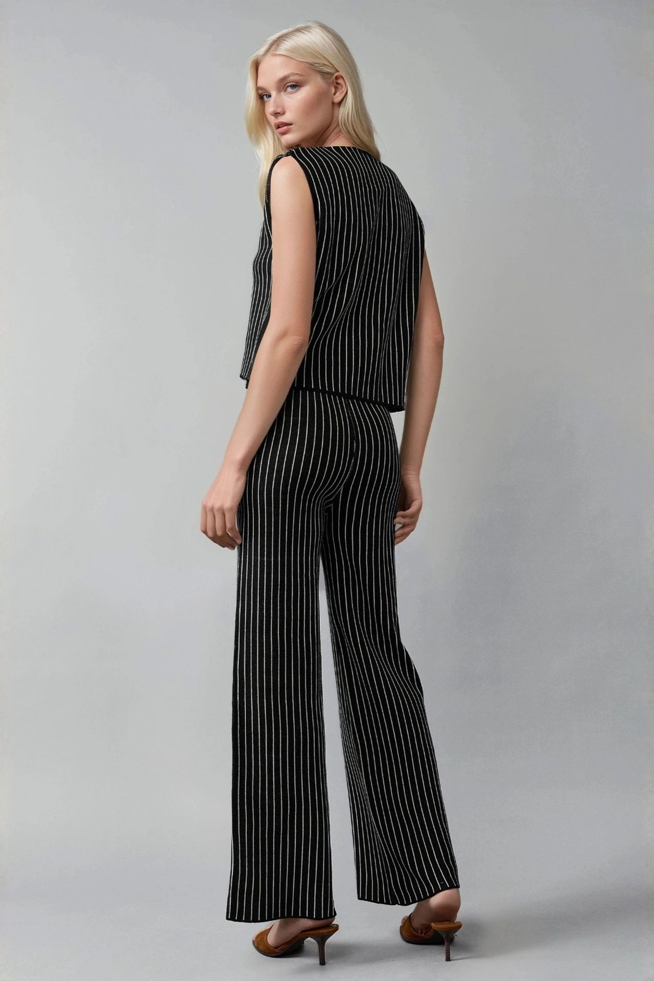 MY FASHION Striped Knit Co-Ord Set with V-Neck Vest and Wide Leg Pants 3