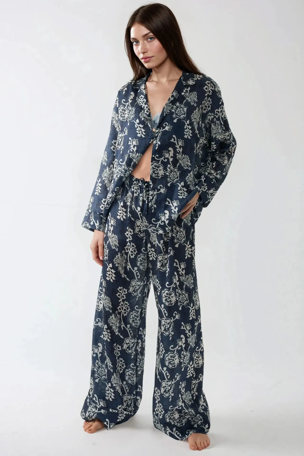 Printed Satin Pajama Set with Shirt Collar